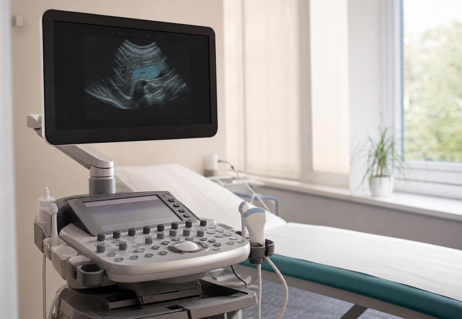 Esame ecografico con sonda e monitor diagnostico in evidenza.